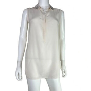 Rebecca Taylor Ivory Silk Top Silver Studded Embellished Blouse Oversized 2 1293